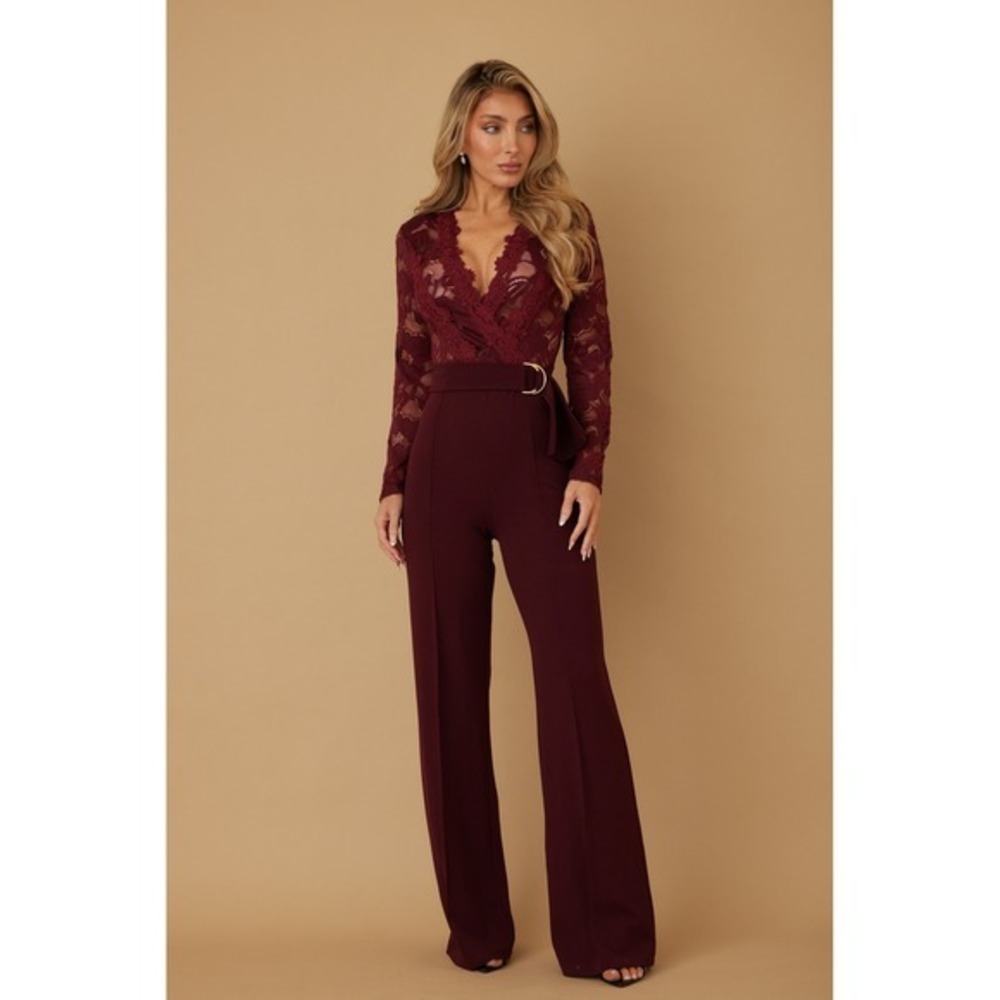 Lace Long Sleeve Wide Leg Jumpsuit Belted V-Neck Wine
